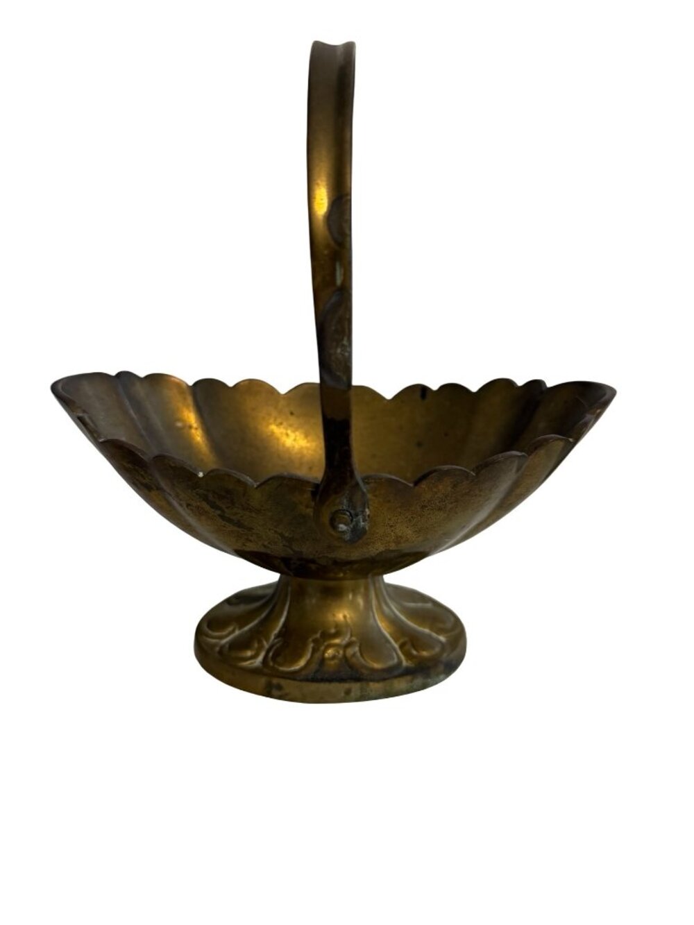 Vintage Brass Pedestal Basket Scalloped Bowl Swing Handle Candy Dish 6"